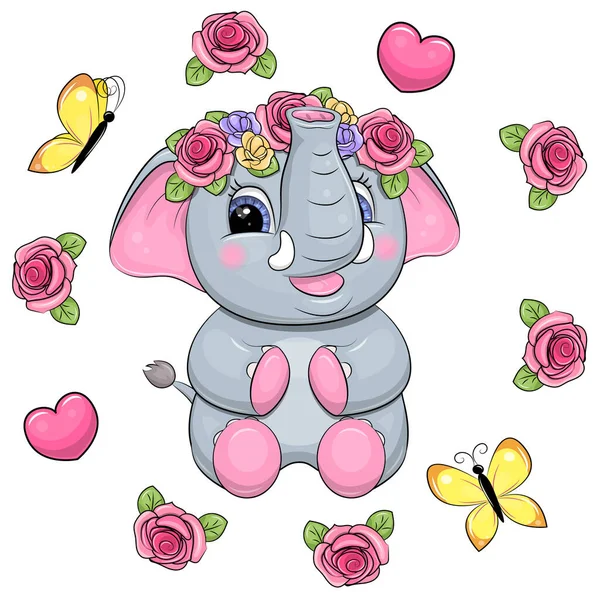 Słodki Słoń Kreskówki Wieńcem Róż Wektorowa Ilustracja Zwierzęcia Kwiatowej Ramie — Wektor stockowy