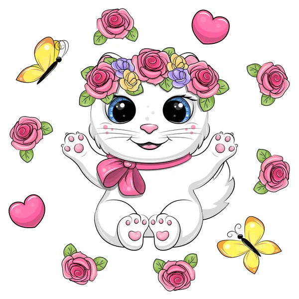ピンクのハートと黄色の蝶のピンクのフレームに花の花輪を持つかわいい漫画の白い猫が座っています 白い背景の動物のベクトル図 — ストックベクタ