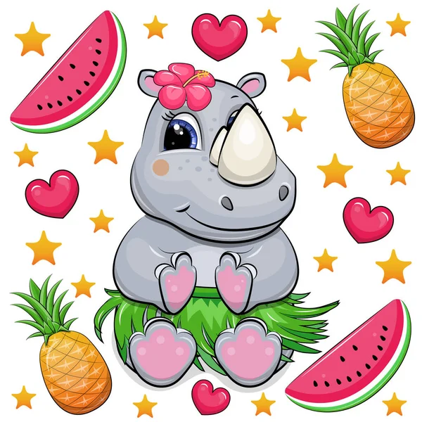 Cute Cartoon Hawaiian Rhinoceros Tropical Flower Green Skirt Summer Animal — Stock Vector