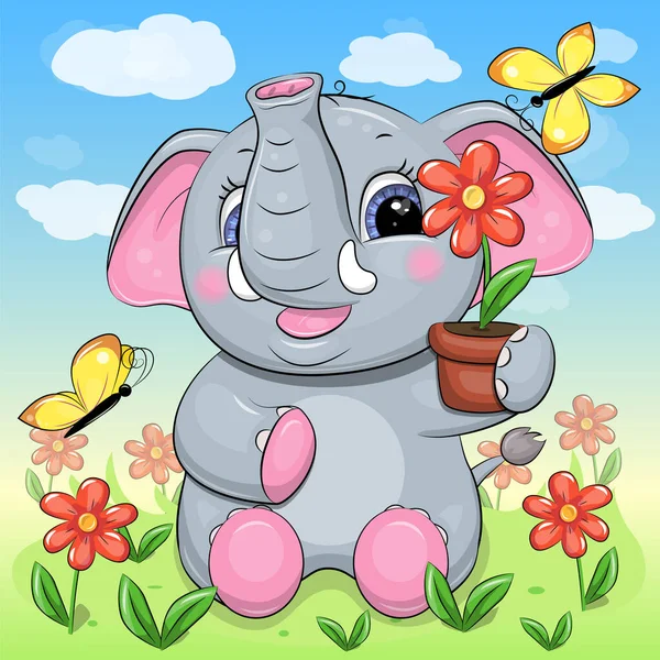 Netter Cartoon Elefant Mit Einem Blumentopf Vektorillustration Eines Tieres Der — Stockvektor