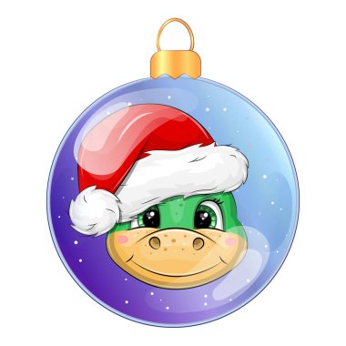 Noel Baba 'nın şapkasında yeşil ejderha çizgi filmi olan bir Noel balosu. Beyaz arkaplanda vektör illüstrasyonu.