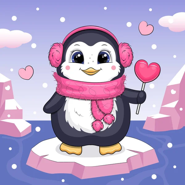 ピンクの毛皮のヘッドフォンとスカーフを持つかわいい漫画ペンギンの女の子は ハート型のロリポップを持っており 氷山の上に立っています 雪と冬のベクトルイラスト — ストックベクタ