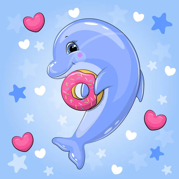 可爱的卡通海豚与甜甜圈和粉红的心脏 蓝色背景上的动物的矢量图解 有星和心 — 图库矢量图片