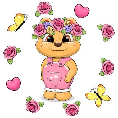 Pembe tulumlu sevimli çizgi film ayısı ve gül çelengi. Beyaz arka planda çiçek çerçeveli bir hayvanın vektör çizimi.