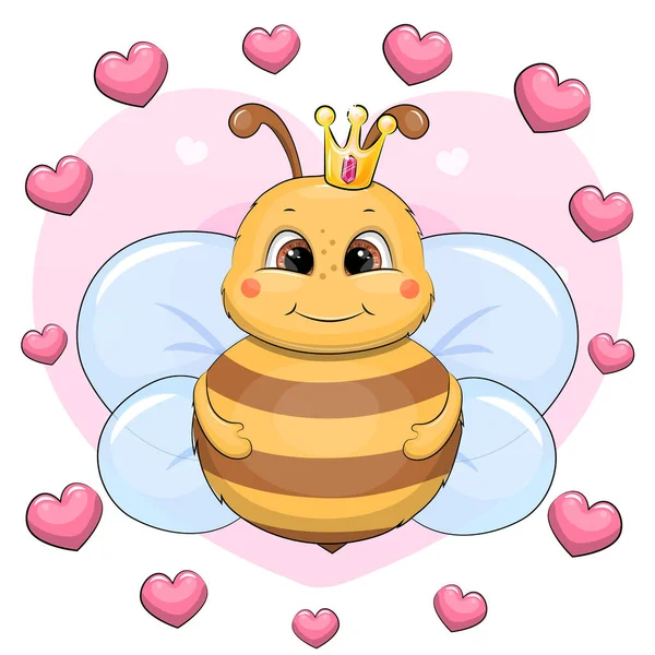 Cute Cartoon Bee Crown Hearts Vector Illustration Royal Animal Pink — Stock Vector