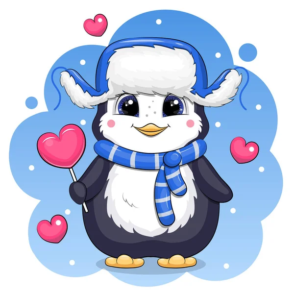 耳フラップ付きの青い冬の帽子のかわいい漫画ペンギンとスカーフは大きなハート型のロリポップを持っています 雪の青を背景にした動物のベクトルイラスト — ストックベクタ