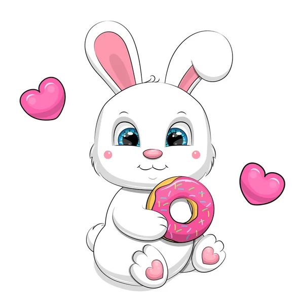 Милый Мультяшный Белый Кролик Пончиком Векторная Иллюстрация Животного Двух Сердец — стоковый вектор