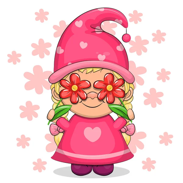 Симпатичная Мультяшная Девушка Гнома Розовой Одежде Двумя Красными Цветами Векторная — стоковый вектор