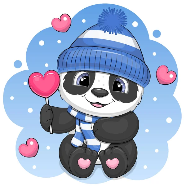 Roztomilá Kreslená Panda Klobouku Šále Drží Lízátko Tvaru Srdce Zimní — Stockový vektor