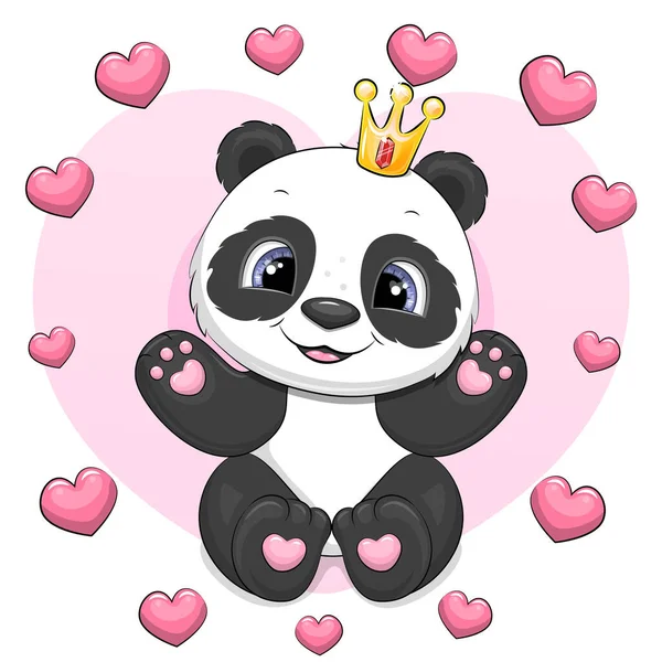带着皇冠的可爱卡通熊猫 粉色背景 心框上的动物的矢量图解 — 图库矢量图片