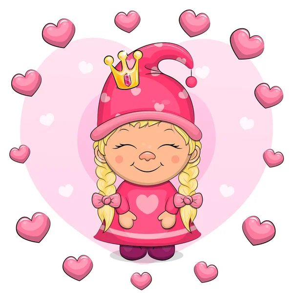 Милая Мультяшная Девушка Гнома Розовой Одежде Короне Векторная Иллюстрация Карликовой — стоковый вектор