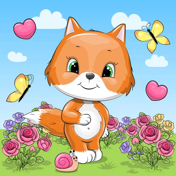 Cute Lisa Kreskówki Ogrodzie Różanym Wektor Ilustracja Zwierzęcia Przyrodzie Kwiatami — Wektor stockowy