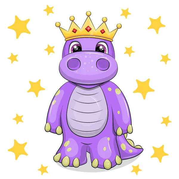 Cute Cartoon King Dinosaur Wearing Golden Crown Vector Illustration Animal — Stock Vector