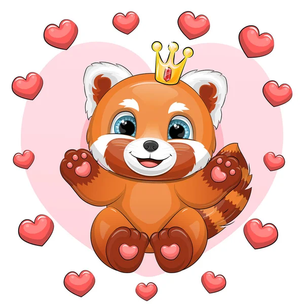 Bonito Desenho Animado Panda Vermelho Com Coração Emoldurado Coroa Ilustração —  Vetores de Stock