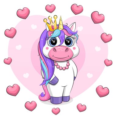 Kupa çerçevesinde taç olan şirin beyaz tek boynuzlu at çizgi filmi. Pembe arka planda bir hayvanın vektör çizimi.