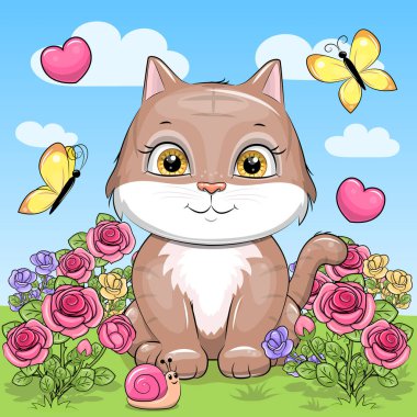 Gül bahçesindeki sevimli çizgi film kedisi. Doğada çiçekler, kelebekler, pembe kalpler ve beyaz bulutlu mavi gökyüzü olan bir hayvanın vektör çizimi.