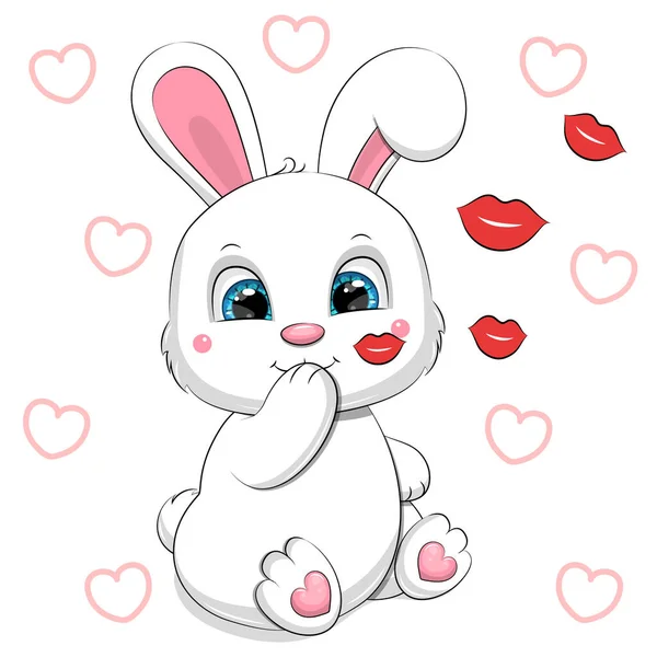 Милый Мультяшный Белый Кролик Шлет Поцелуи Векторная Иллюстрация Животного Белом — стоковый вектор