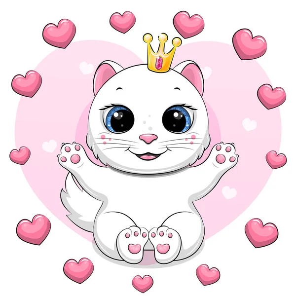 ハートのフレームに王冠とかわいい漫画の白い猫 ピンクを背景にした動物のベクターイラスト — ストックベクタ