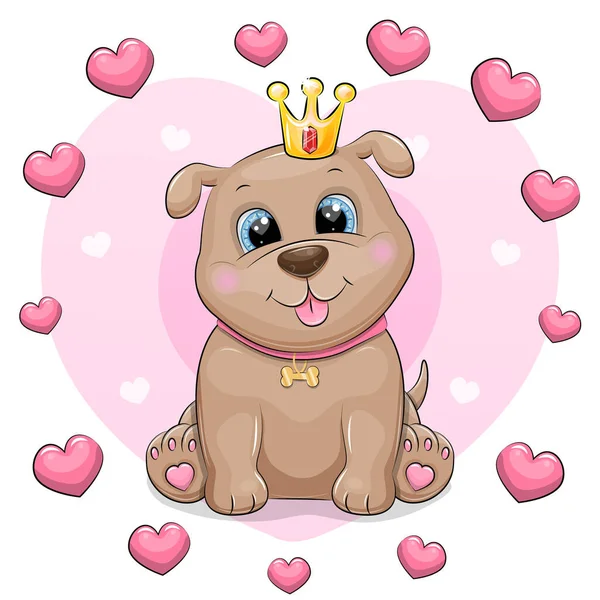 Милий Мультяшний Собака Короною Обрамленні Сердець Векторна Ілюстрація Тварини Рожевому — стоковий вектор