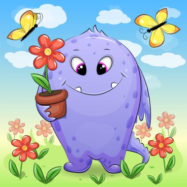 Sevimli bir çizgi film canavarı elinde kırmızı çiçekli bir saksı tutuyor ve çiçeklerle bir bahçede duruyor. Doğadaki fantezi hayvanının vektör çizimi.