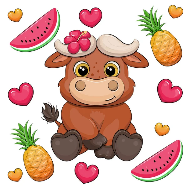 果物や心を持つかわいい漫画水牛 スイカとパイナップルの白い背景に動物のベクトルイラスト — ストックベクタ