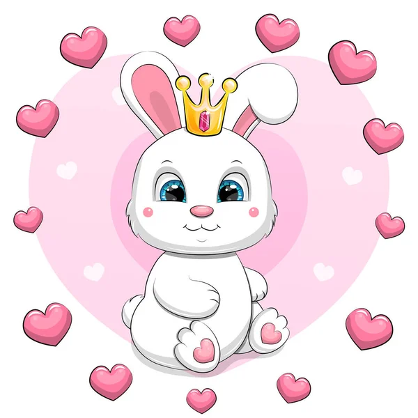 黄金の冠を持つかわいい漫画の白いウサギは心のフレームに座っています ピンクを背景にした動物のベクターイラスト — ストックベクタ