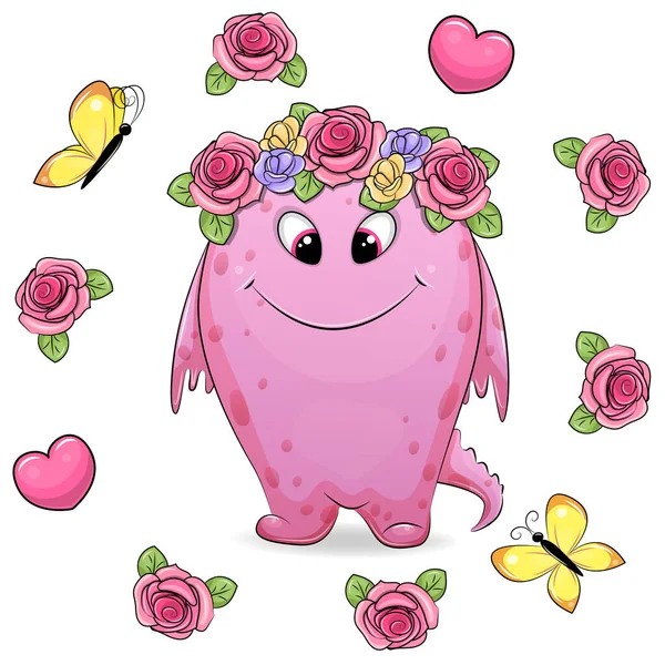 Ein Niedliches Cartoon Monster Einem Blumenkranz Steht Einem Rosafarbenen Rahmen — Stockvektor