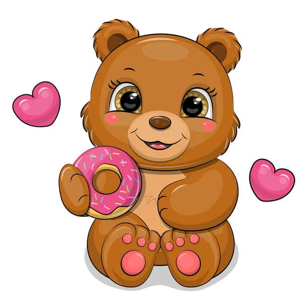 Милий Мультяшний Коричневий Ведмідь Пончиком Векторна Ілюстрація Тварини Солодкою Їжею — стоковий вектор