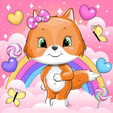 Tüylü şirin bir çizgi film karakteri bulutun üstünde duruyor. Gökkuşağı, kalp, şeker ve yıldızlı pembe arka planda bir hayvanın vektör çizimi.