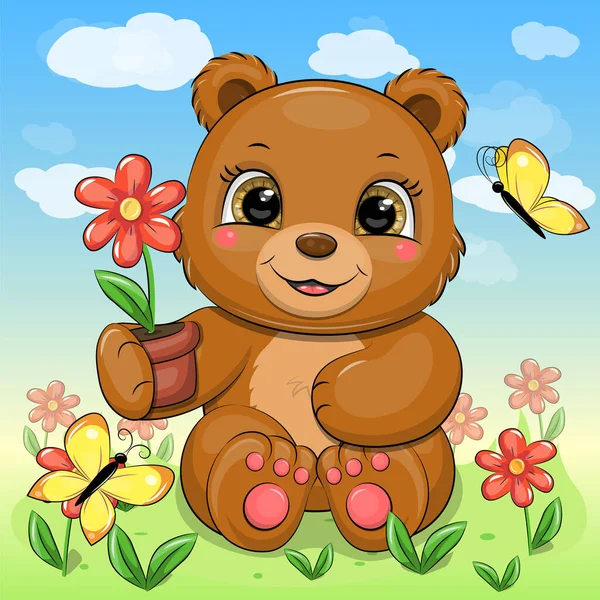 Urso Marrom Bonito Cartoon Está Segurando Vaso Flores Com Uma —  Vetores de Stock