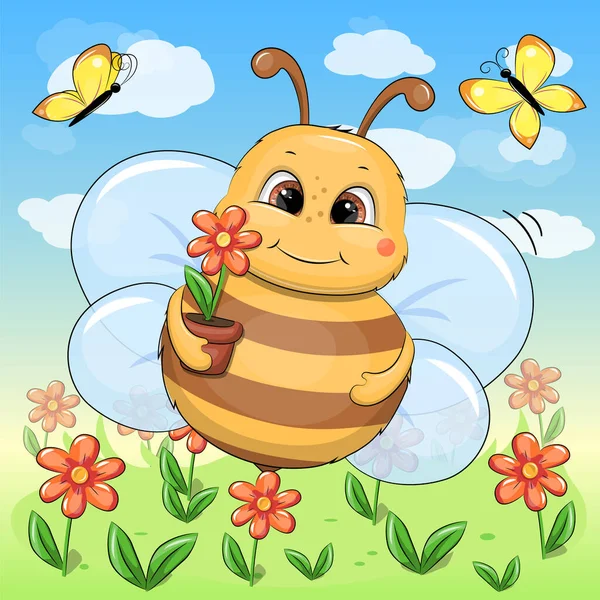 Eine Niedliche Zeichentrickbiene Mit Einem Blumentopf Fliegt Einem Blumengarten Vektorillustration — Stockvektor