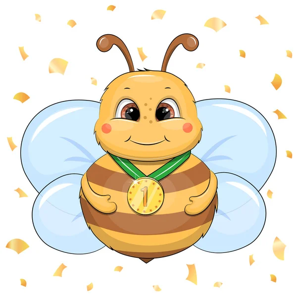 Cute Cartoon Bee Gold Medal Vector Illustration Insect White Background — Stock Vector