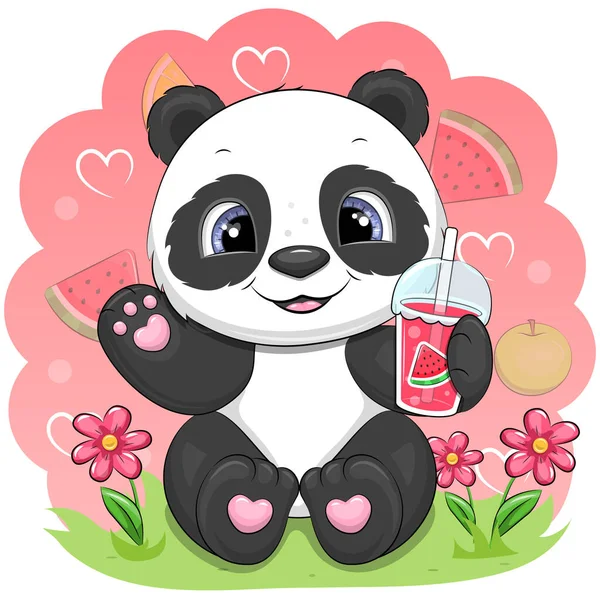 Cute Panda Kreskówki Sokiem Arbuzowym Letni Wektor Ilustracja Zwierzęcia Różowym — Wektor stockowy