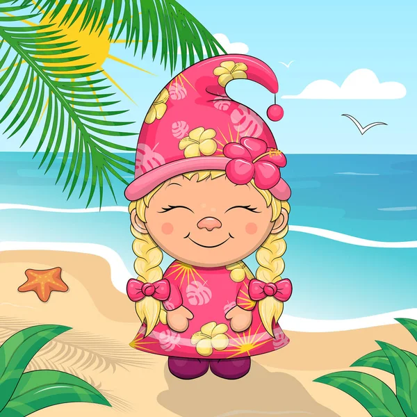 Cute Cartoon Leprechaun Girl Pink Tropical Print Clothes Standing Beach — Stock Vector