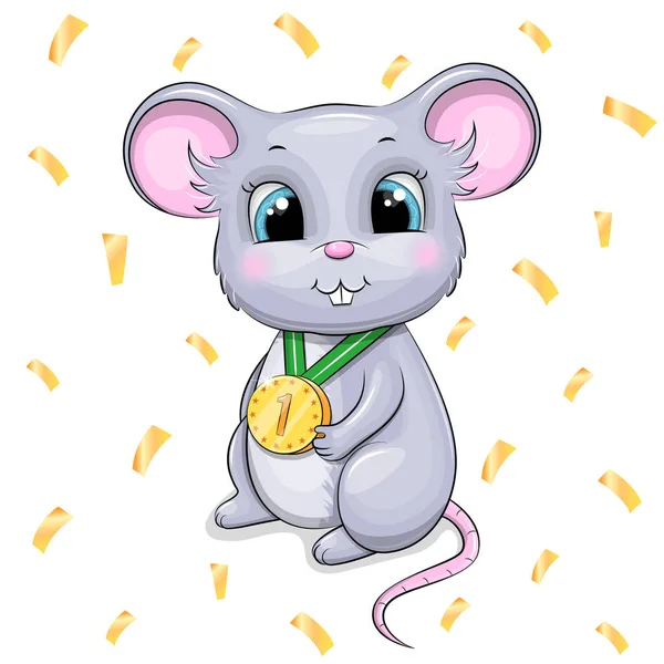 Carino Mouse Cartone Animato Possesso Una Medaglia Oro Campione Animale — Vettoriale Stock