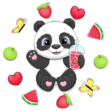 Çilek suyu olan şirin bir panda meyve çerçevesinde oturur. Beyaz arka planda bir hayvanın vektör çizimi.