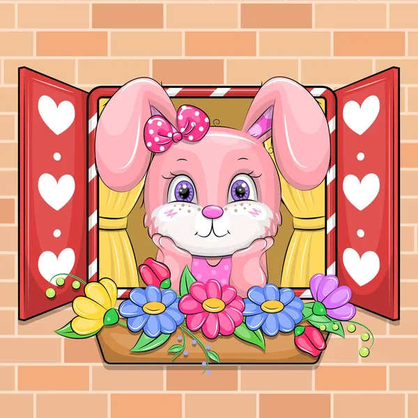かわいい漫画ピンクのウサギが窓の外を見ている 動物のベクトル図 レンガの壁の背景の花 — ストックベクタ