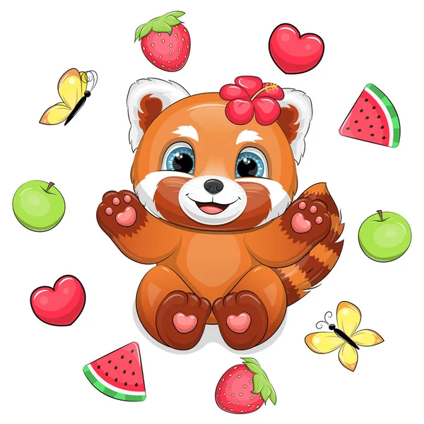 かわいい漫画の赤いパンダと果物のフレーム 白い背景の動物のベクトル図 — ストックベクタ