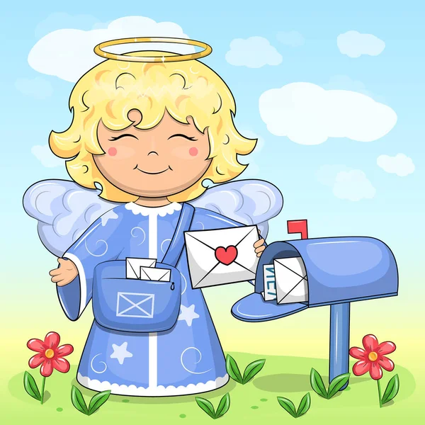 邮筒旁边站着一个可爱的卡通人物 一个蓝色邮包邮递员 一个金发碧眼 长着翅膀的孩子的矢量图解 — 图库矢量图片