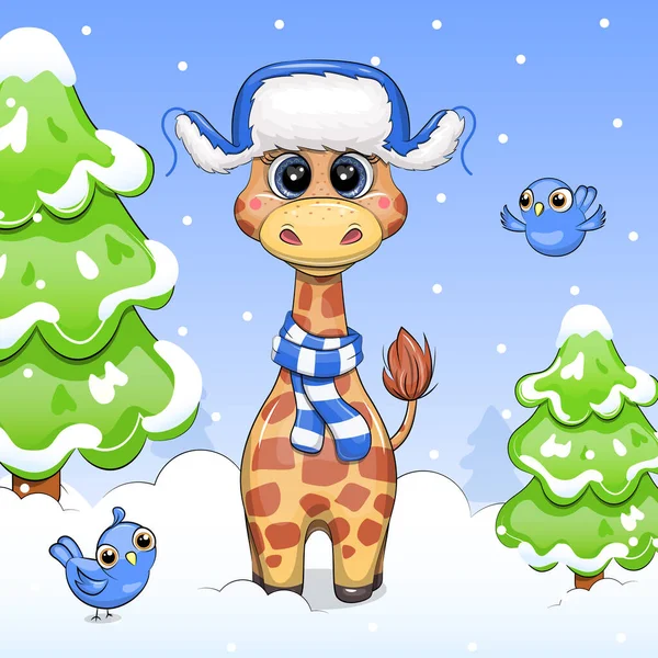 Cute Żyrafa Kreskówki Niebieskiej Czapce Zimowej Nausznikami Zimowy Wektor Ilustracja — Wektor stockowy