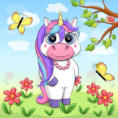 Doğada gülümseyen şirin bir çizgi film. Bahçedeki kırmızı çiçekli, sarı kelebekli, ağaçlı, mavi gökyüzlü ve beyaz bulutlu bir hayvanın vektör çizimi.