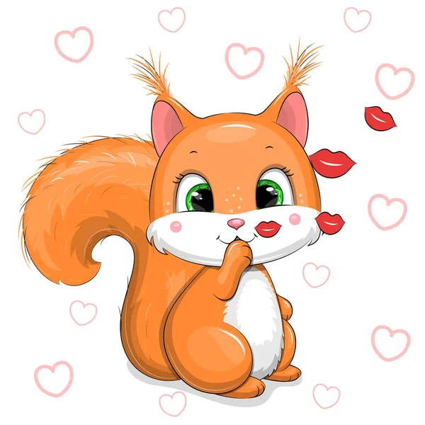 Cute Cartoon Red Squirrel Sends Air Kisses Vector Illustration Animal — Stock Vector