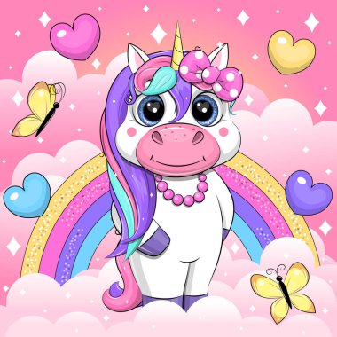 Gökyüzünde gökkuşağı renkli kalpleri, kelebekleri ve bulutları olan şirin tek boynuzlu at çizgi filmi. Pembe arka planda yıldızlı beyaz bir hayvanın vektör çizimi.