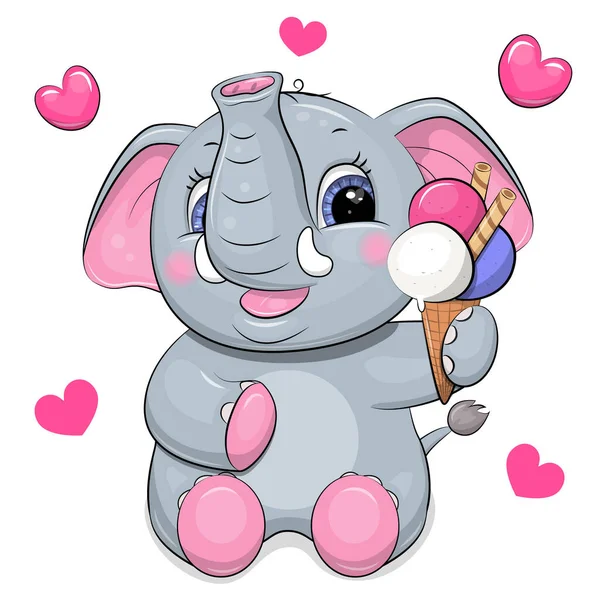 可爱的卡通象与冰淇淋 粉红心脏的白色背景动物的矢量图解 — 图库矢量图片