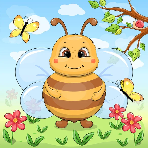Cute Kreskówki Pszczoła Czerwonymi Kwiatami Żółte Motyle Drzewo Błękitne Niebo — Wektor stockowy