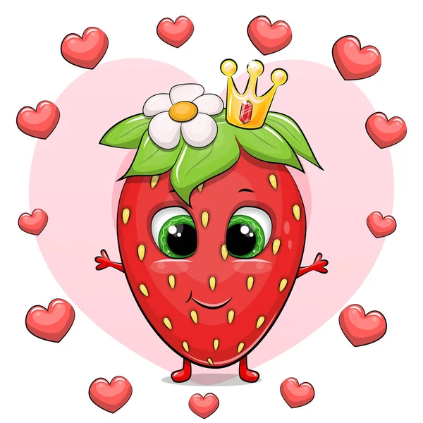 Eine Süße Cartoon Erdbeere Mit Krone Steht Einem Herzrahmen Vektorillustration — Stockvektor