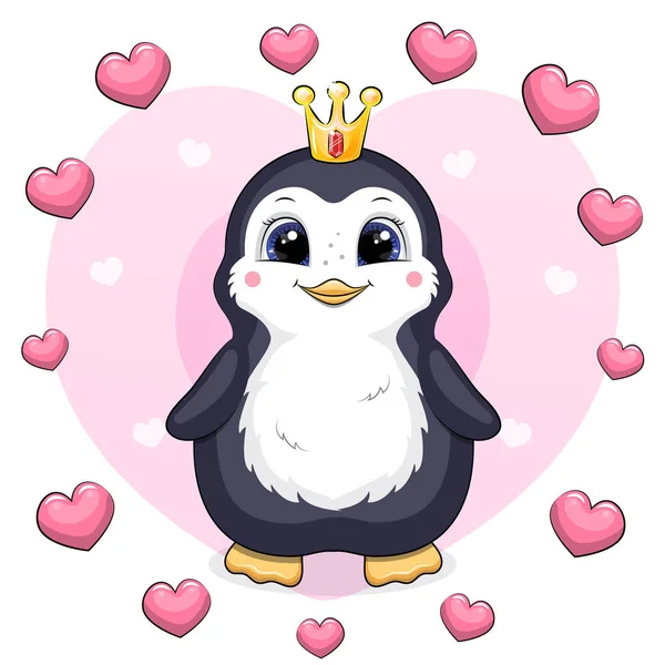 Lindo Pingüino Dibujos Animados Con Corona Corazón Ilustración Vectorial Animal — Vector de stock