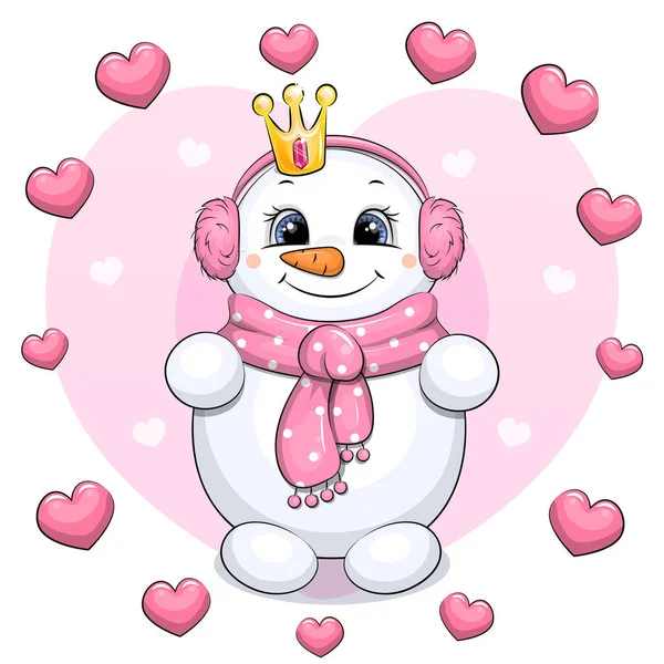 クラウン ピンクのスカーフ ピンクの毛皮のヘッドフォンとハートフレームとかわいい漫画の雪だるま ピンクの背景に白い雪の少女のベクトルイラスト — ストックベクタ