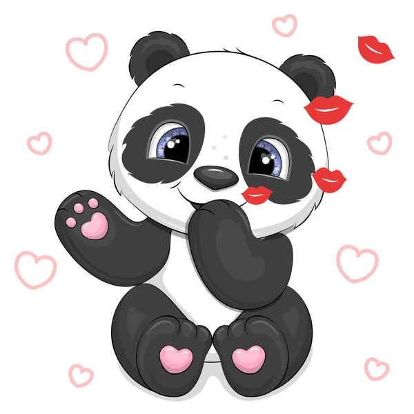 可爱的卡通熊猫送一个空气之吻 有心脏的白色背景上的动物的矢量图解 — 图库矢量图片