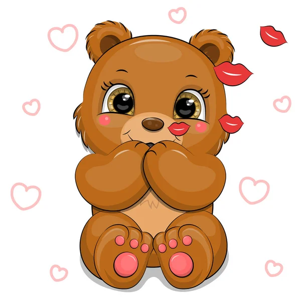 Bonito Urso Marrom Desenhos Animados Envia Beijos Ilustração Vetorial Animal — Vetor de Stock